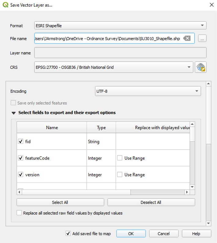 QGIS Save Vector As dialog showing GML to shapefile conversion