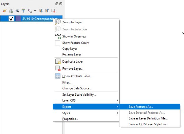 QGIS Layers Panel showing Export > Save Features As menu option.
