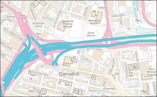 An example of backdrop styled Geography Markup Language format of the product in QGIS using an OS stylesheet. The map shows Garnethill in Glasgow.