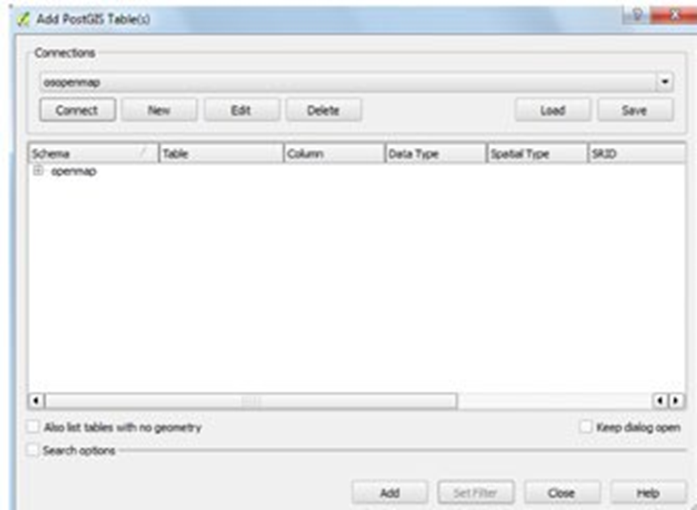 Add PostGIS Tables window