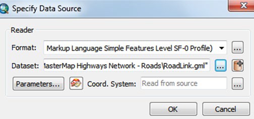 Specify Data Source dialog window showing Markup Language Simple Features Level profile selected alongside the RoadLink Dataset