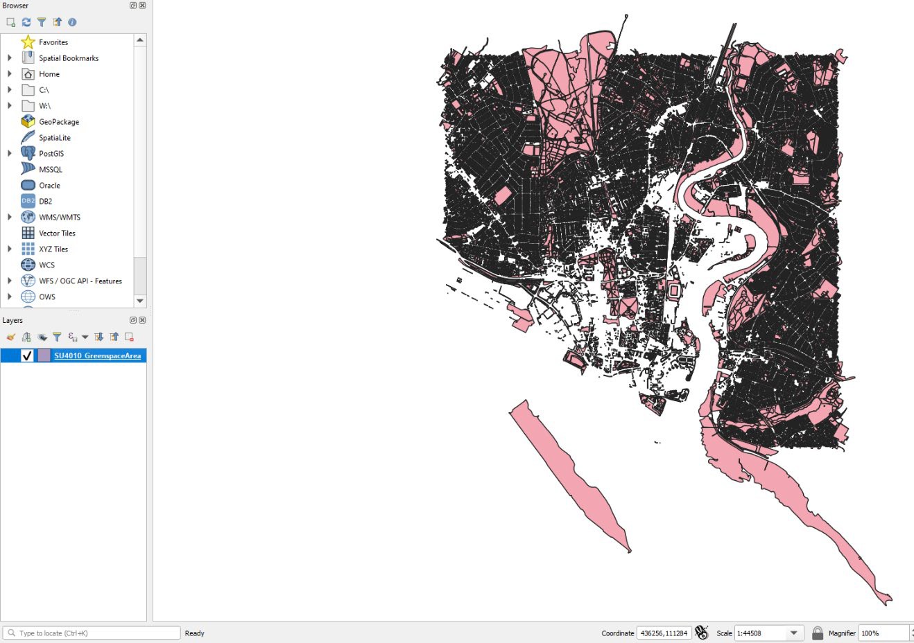 QGIS application data display showing map frame and Layers panel.