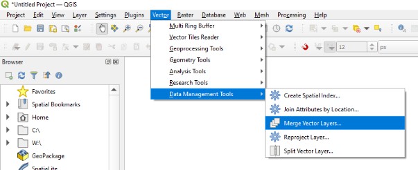 QGIS window, display showing Vector > Data Management Tools > Merge Vector Layer menu option.