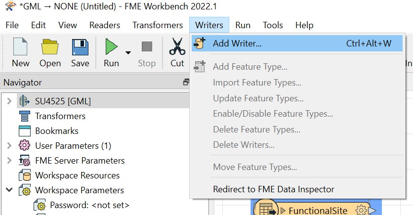 FME Workbench UI showing Writers > Add Writer option.