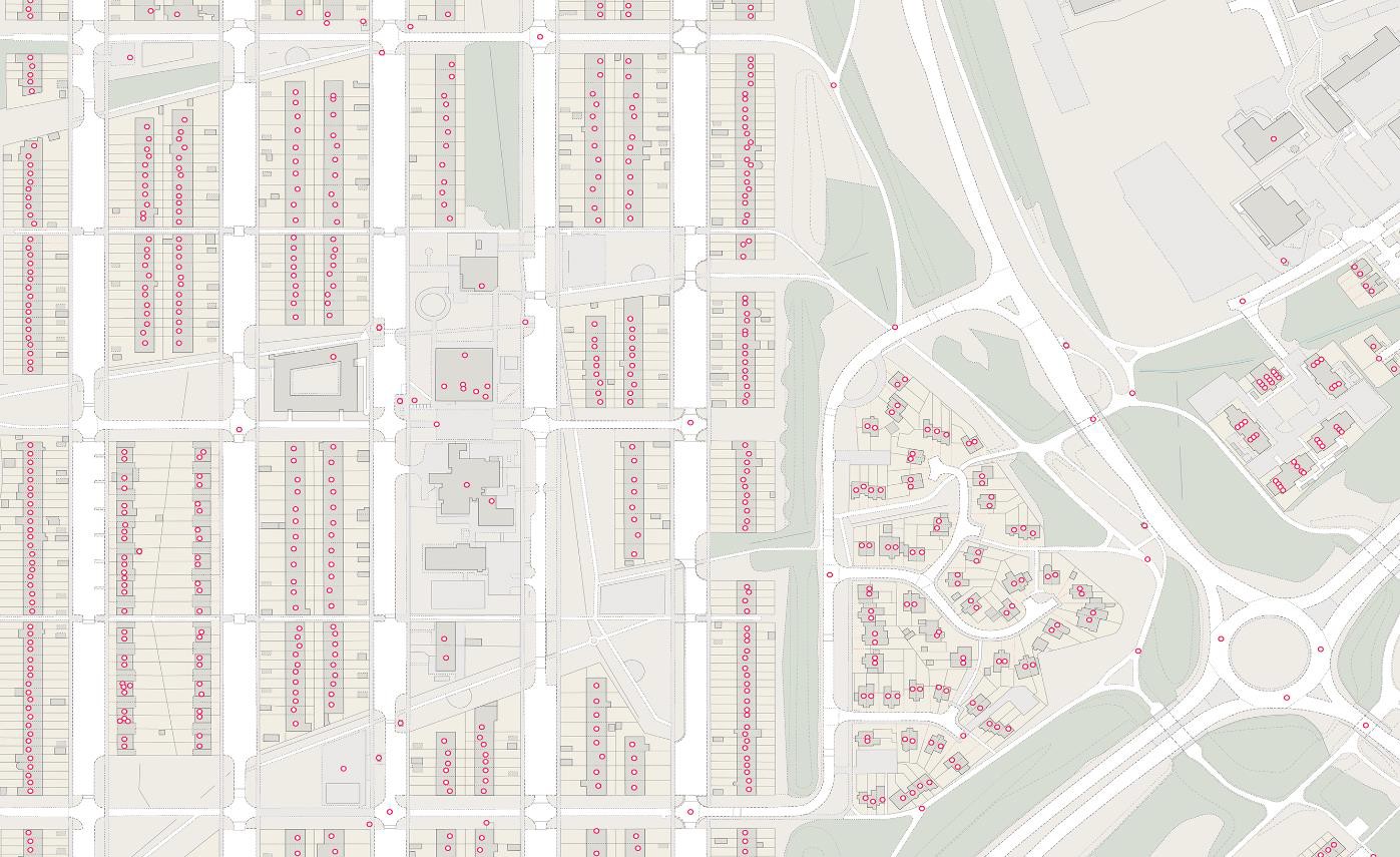 Visualisation showing a large number of properties identified on a map by their UPRN – a pink dot marking the centre of the property