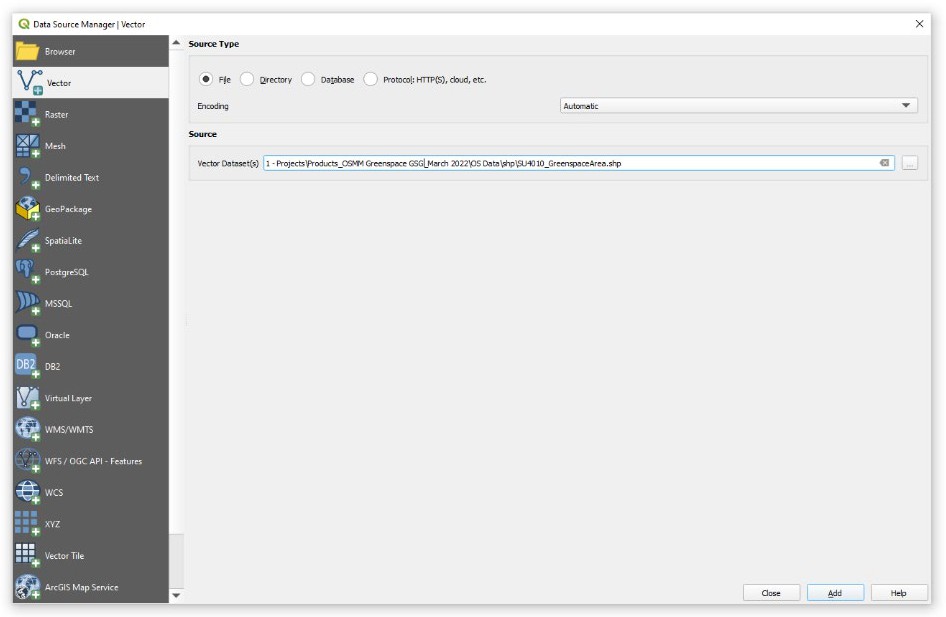 Data Source Manager Vector window in QGIS.