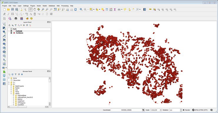 QGIS UI showing the PathLink and PathNode layers GML data displayed in the Layers Panel and map area.