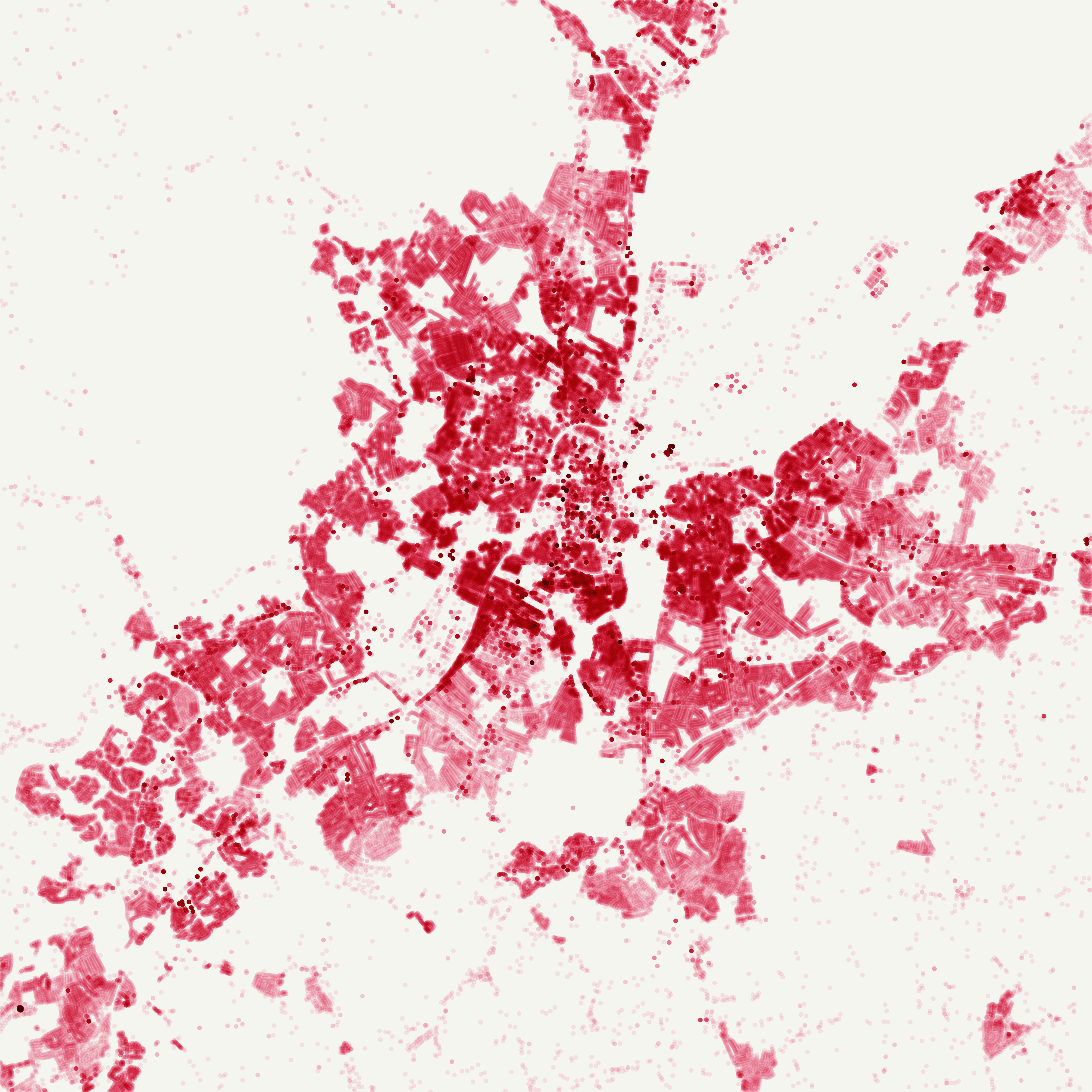 Representation of AddressBase Islands data showing shaded areas of land in red against a white backdrop