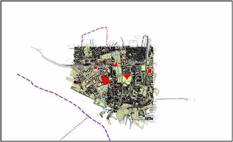 Image showing an example of non-geographic chunking in OS MasterMap Topography Layer data. The seven features shown in red can end up in the same non-geographic chunk even though they are not adjacent to each other.