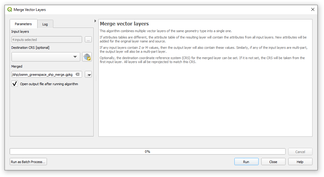 QGIS Merge Vector Layers window.