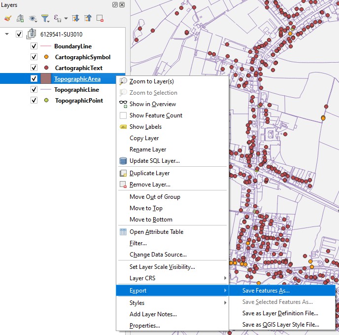QGIS Layers panel showing Export > Save Feature As action