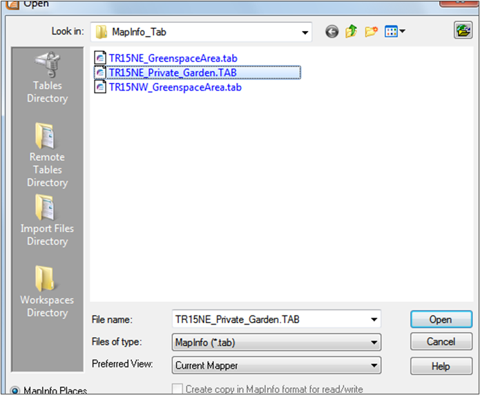 MapInfo Professional dialog box to open table containing entries with private garden.