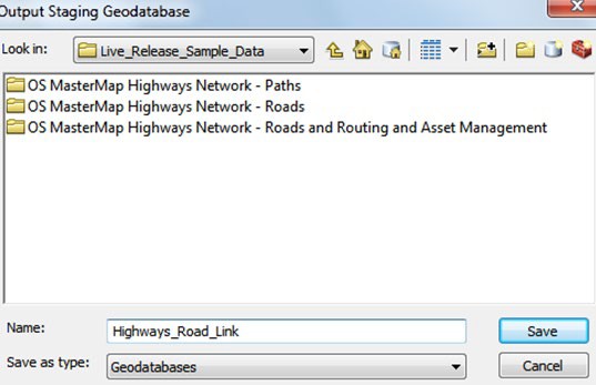Output staging Geodatabase dialog showing the file explorer with a save button