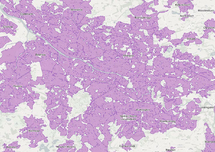 Example map of Scotland overlaid to show the Built Up Extents Feature Type.