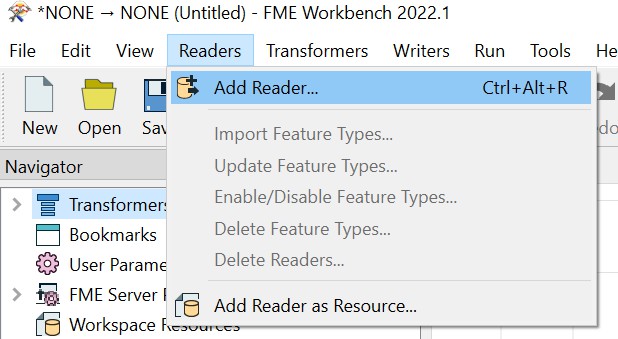 FME Workbench UI showing the Readers > Add Reader option.