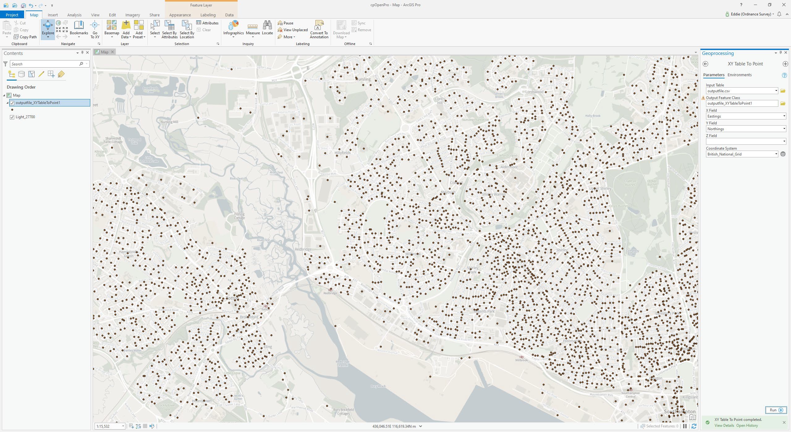 ArcGIS Pro UI showing Code-Point Open CSV data displayed as point data in the map pane area with OS Maps API Light 27700 as the background map for geographical context.