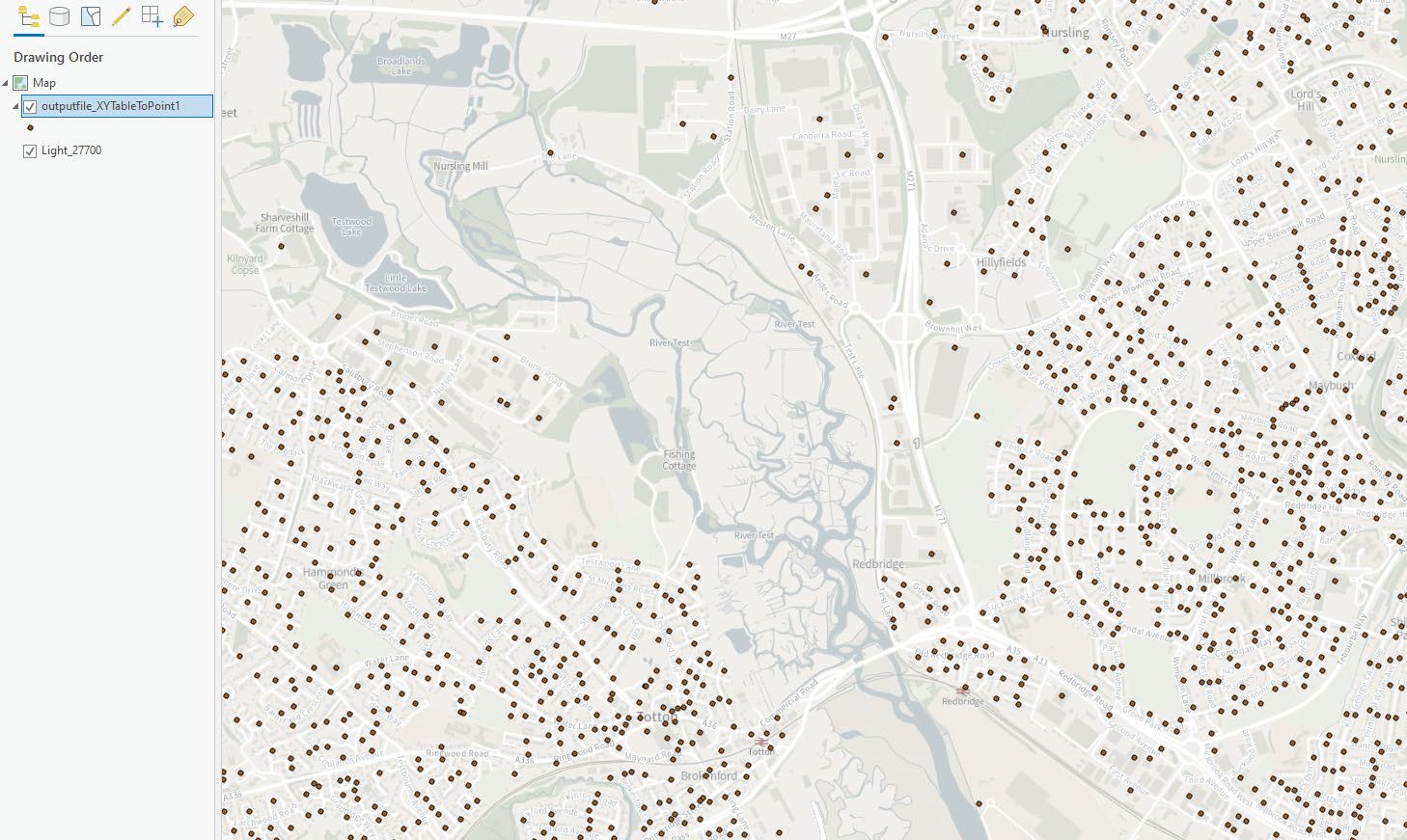ArcGIS Pro UI showing loaded OS Open Names data in the map pane.