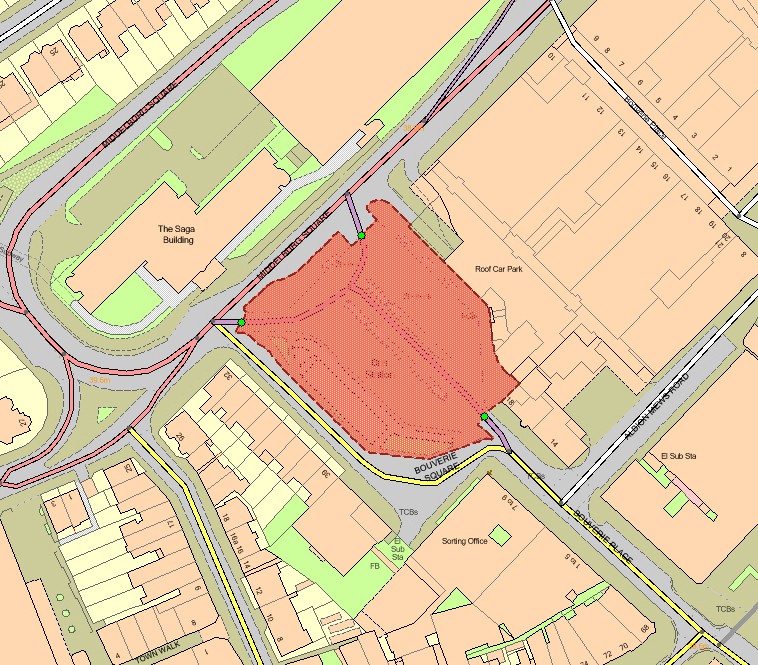 OS MasterMap Sites Layer (red polygon) Road transport theme – bus station, showing a red polygon over a bus station.