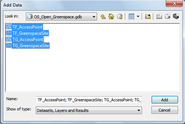 Add data dialog with feature classes available in the file explorer