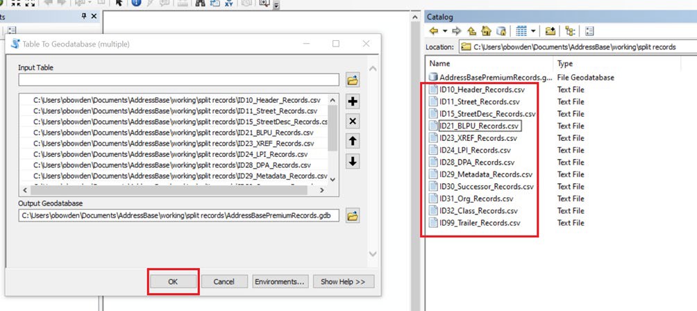 ArcGIS Desktop Catalog showing how to add AddressBase files to the output Geodatabase