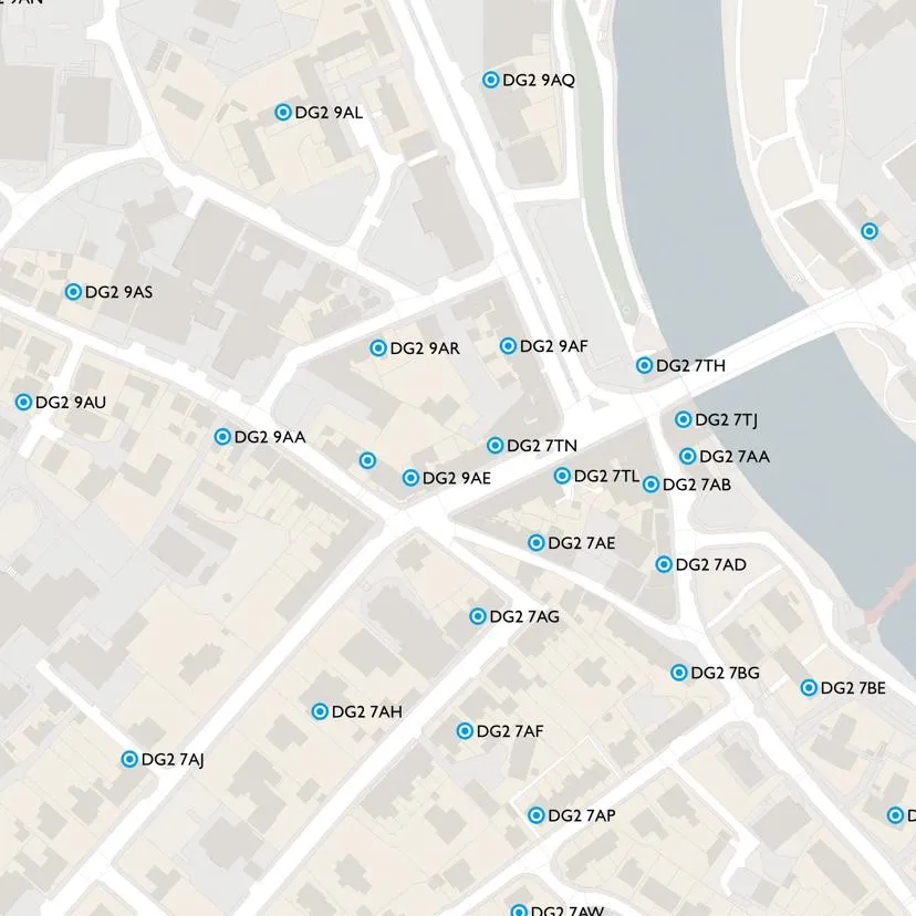 Representation of Code-Point data showing a series of postcode units located on a background map of Great Britain