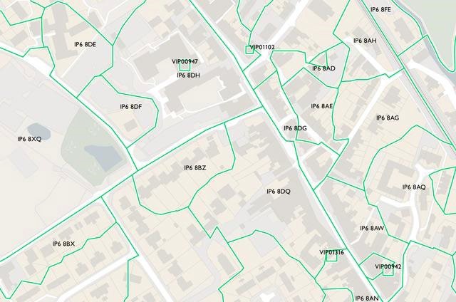 An image of a map showing Polygons containing postcodes as supplied in the Code-Point with Polygons product using a green outline