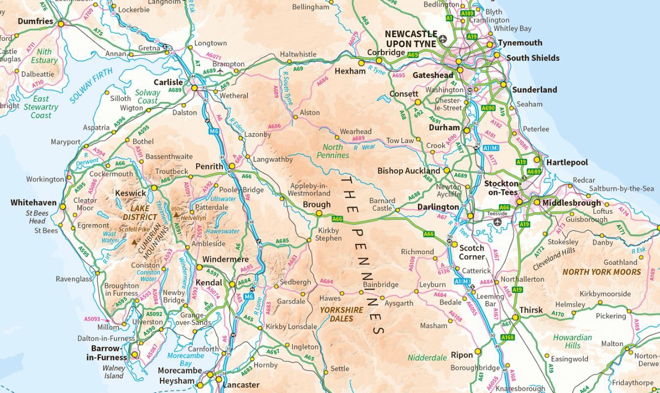 MiniScale with shaded relief showing an area of the Pennines, Newcastle, and Cumbria