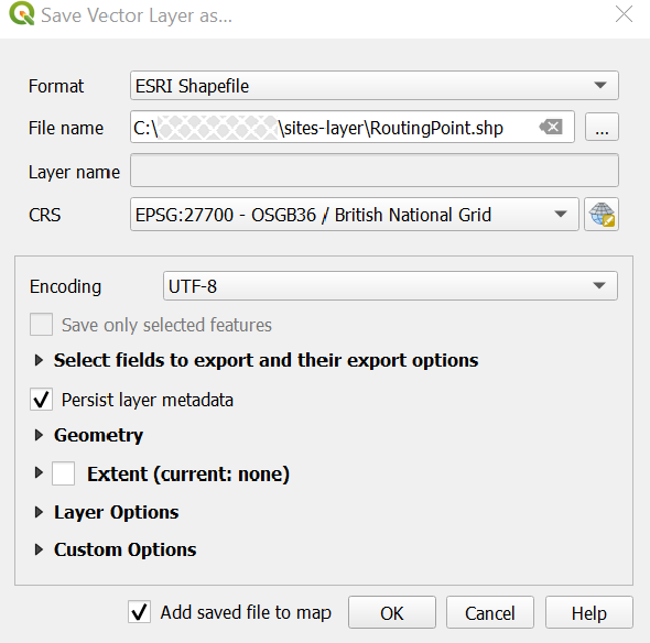 QGIS Save Vector Layer as... dialog.
