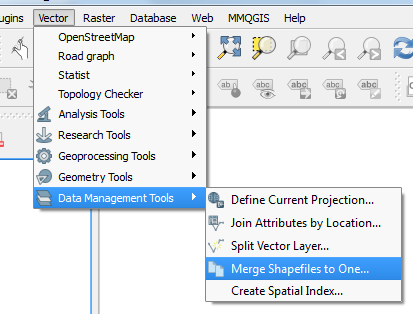 Merge Shapefiles to One menu item under the Data Management Tools tab in the Vector menu