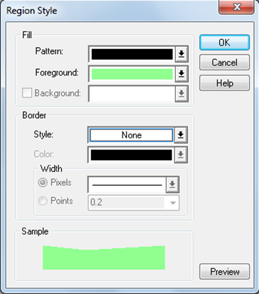 Region style dialog showing fill and line styles for playing field data