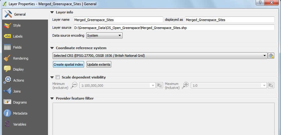 Layer properties dialog showing the 'Create Spacial Index' button in the coordinate reference menu