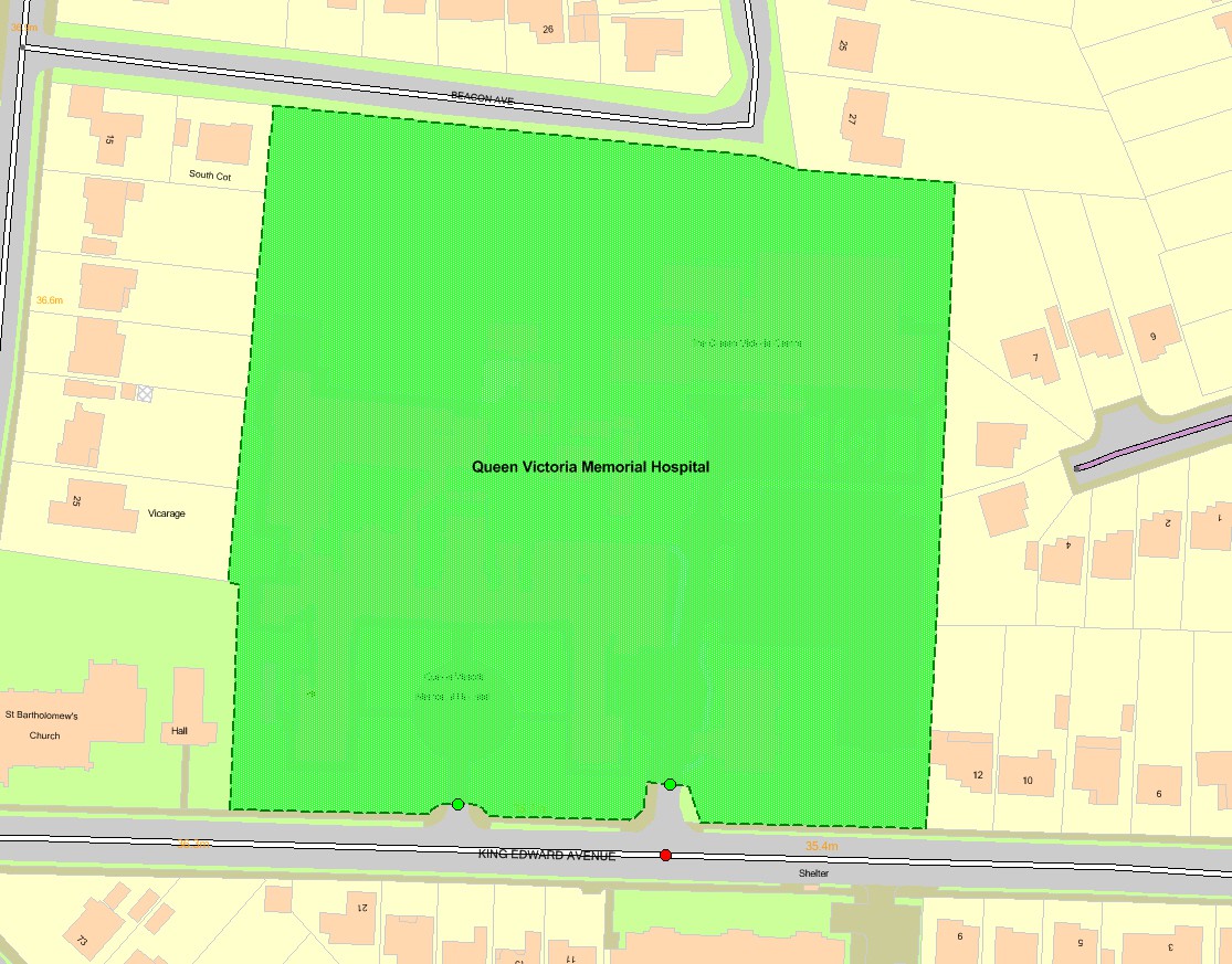 OS MasterMap Sites Layer (green polygon) Medical care theme – hospital, showing Queen Victoria Memorial Hospital.