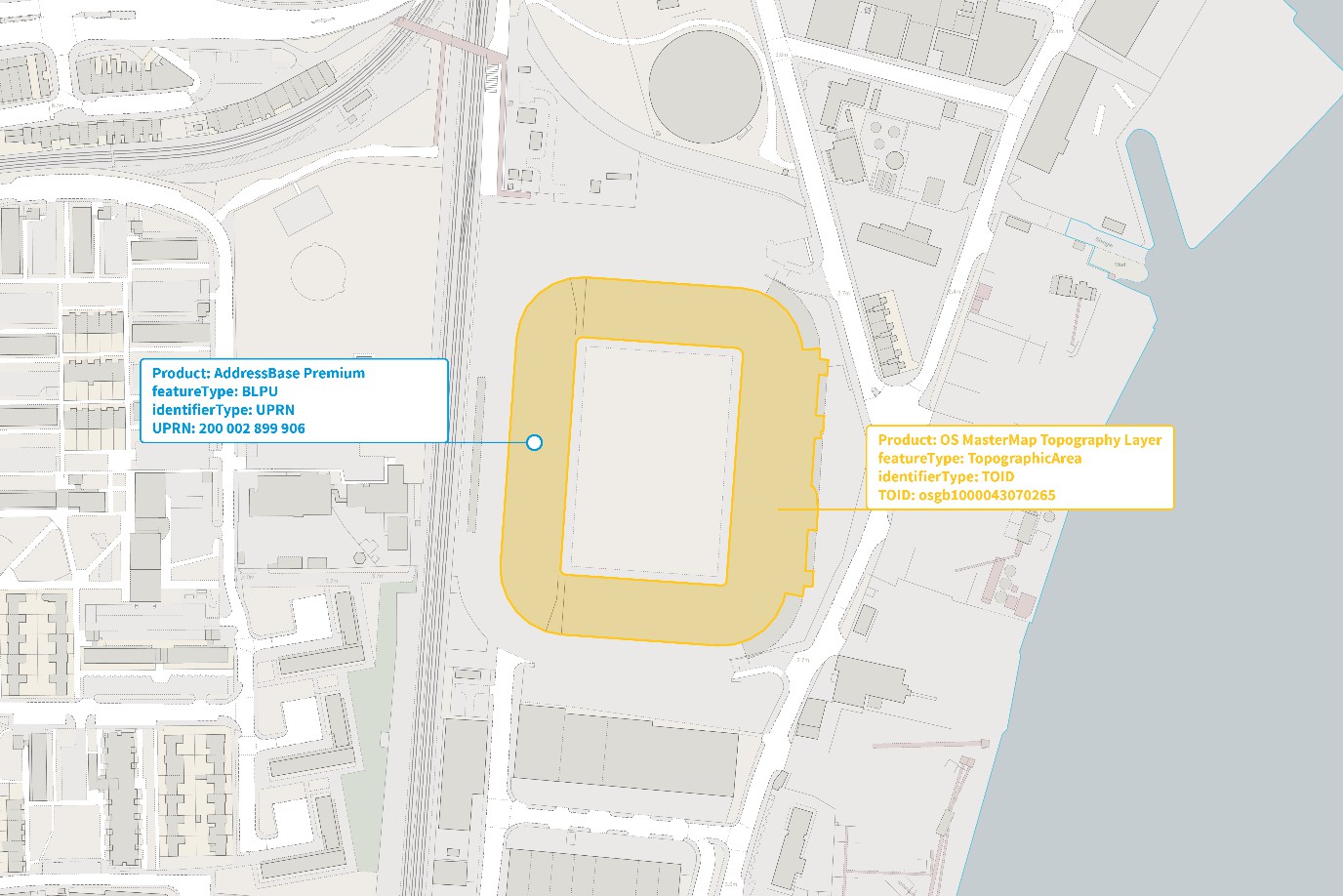 Topographic area identifier showing AddreessBase Premium and MasterMap Topography layer data combined