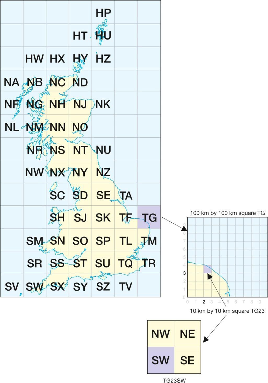 Map of Great Britain, divided up into 100km-by-100km squares with National Grid reference identifiers.