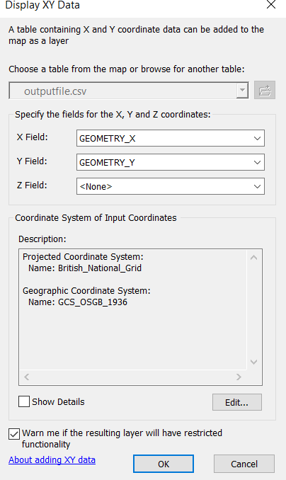 ArcMap Display XY Data dialog.