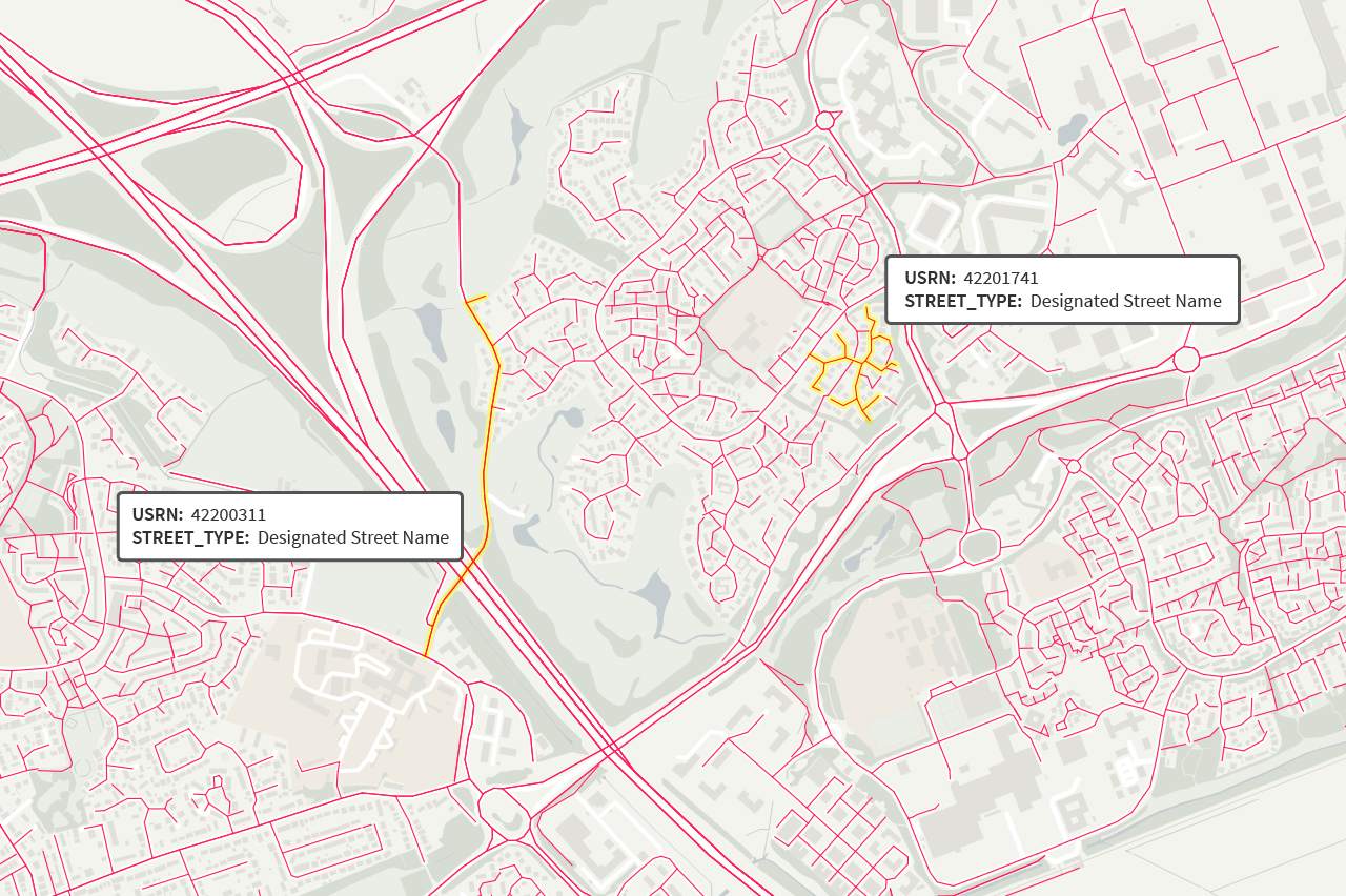 A visualisation of the OS Open USRN dataset showing individual streets highlighted.