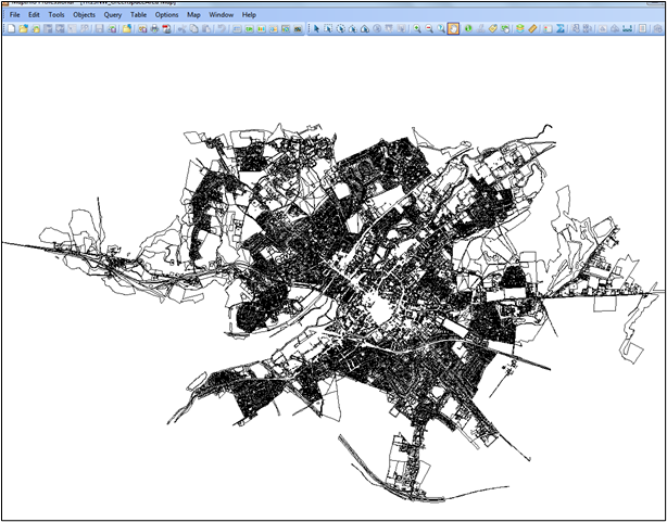 MapInfo Professional display showing the data from appended rows to greenspace table.