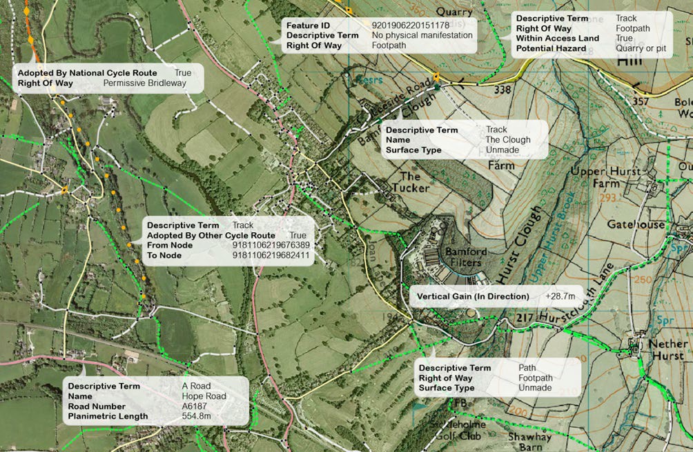  An extract of the OS Detailed Path Network product with attribution displayed; the attribution is overlain upon OS MasterMap Imagery Layer and 1:25 000 Scale Colour Raster