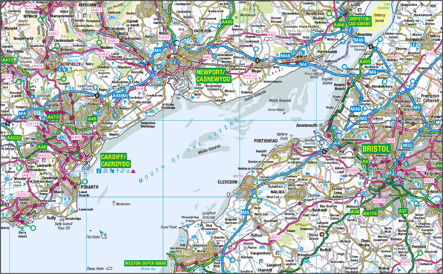 An example extract of 1:250 000 Scale Colour Raster map showing Bristol, the Severn Estuary and Newport