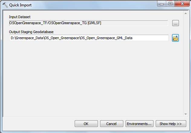 Quick import dialog box showing input dataset folder and output staging Geodatabase file