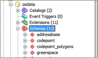 PostGIS window that shows the database called ‘osdata’ has been created along with a schema called ‘greenspace’ into which the data will be loaded.