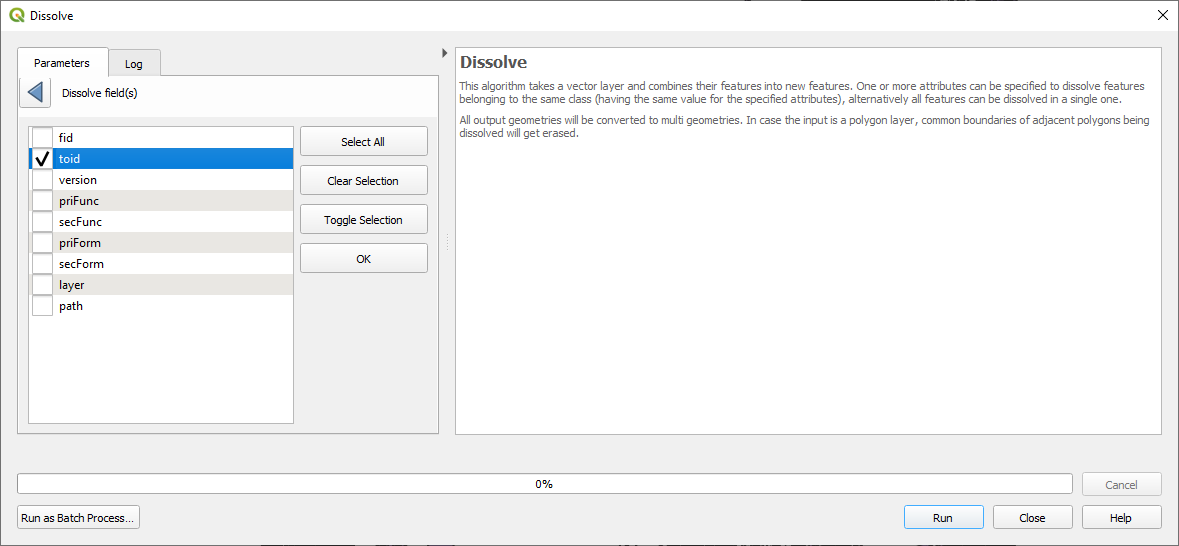 QGIS Dissolve dialog box.