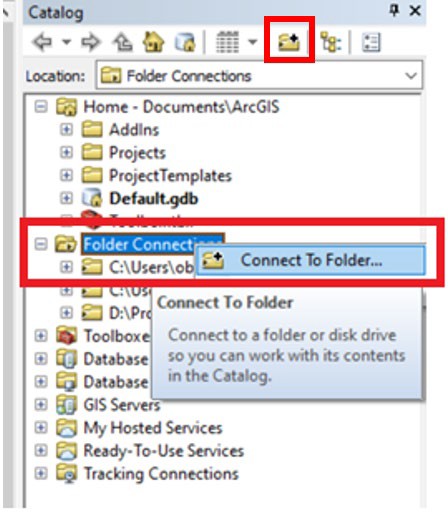 ArcGIS Desktop Catalog showing Connect To Folder action