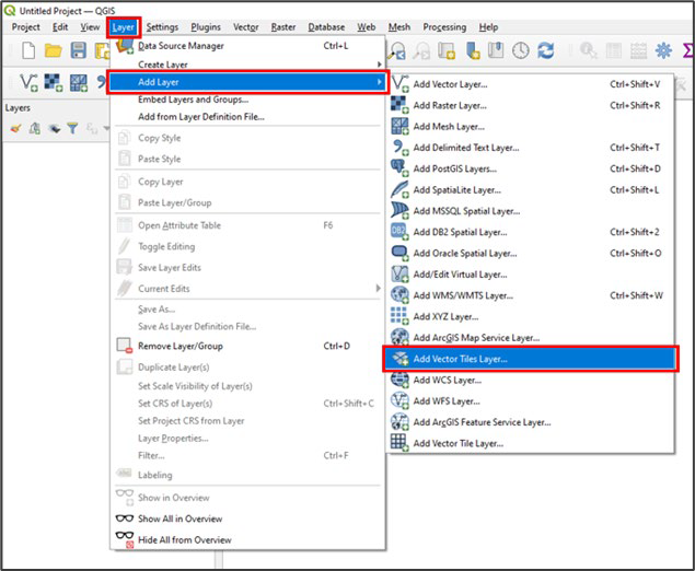 Screenshot showing how to locate the Add Vector Tiles Layer option from the top ribbon of the QGIS workspace.