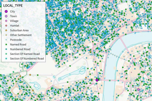 OS Open Names example map showing geographical locations for identifiable places in various colours specified in the map legend.