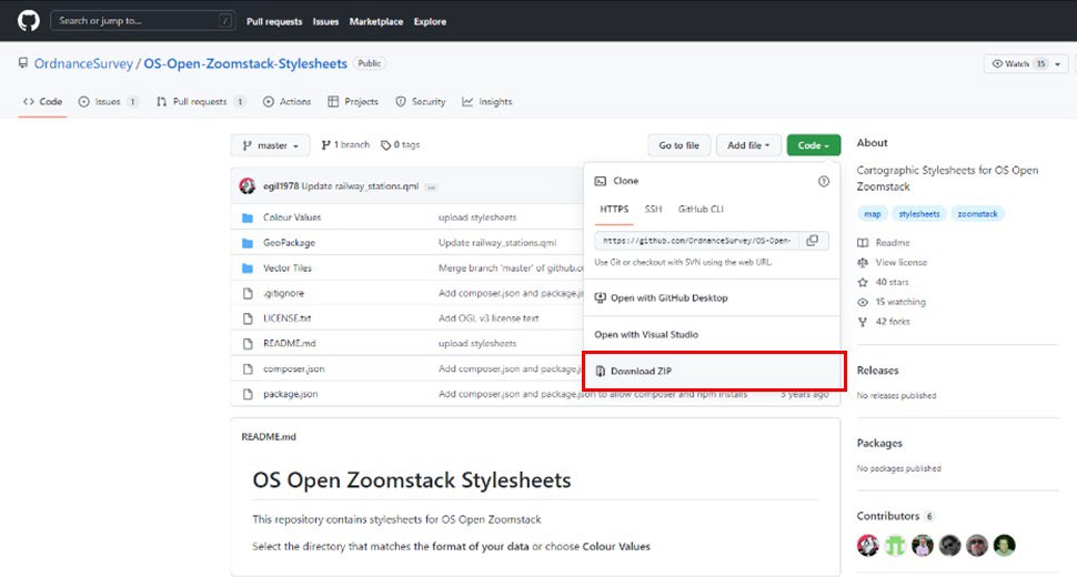 Screenshot of the download ZIP menu option on the OS Open Zoomstack Stylesheets repository