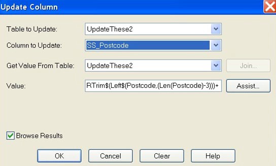 An image of the Update Column screen.