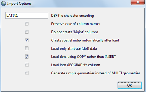 Import options dialog showing LATIN1 file character encoding, create spatial index automatically after load checkbox ticked and Load data using COPY rather than INSERT checkbox ticked. All other checkboxes remain unchecked.