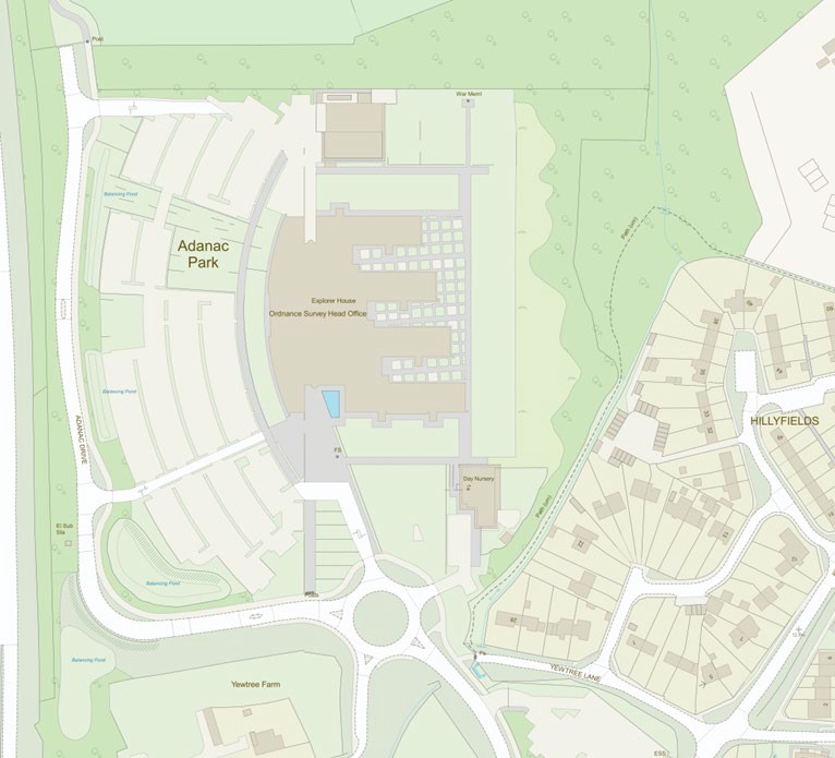 Screenshot of the product in 'Outdoor Style'. The map is centred over Explorer House which is Ordnance Survey's head office in Southampton, UK.