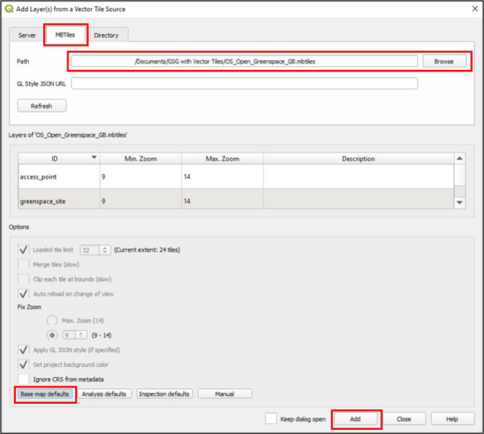 Screenshot of the Add Layer(s) from a Vector Tile Source dialog showing a file path entered with Base map defaults selected
